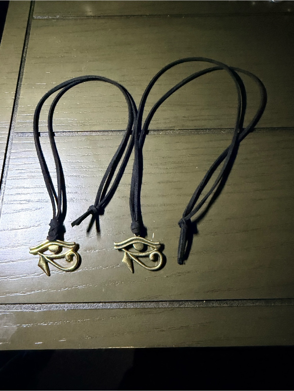 Black Cord Necklace with Gold & Bronze Eye of Horus Pendant 1.25” x 1.25”